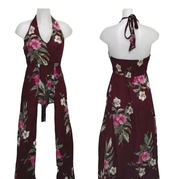 Band of Gypsies Pants - Band Of Gypsies Maroon Floral Halter Neck Romper Dress Beach Summer Vacation S